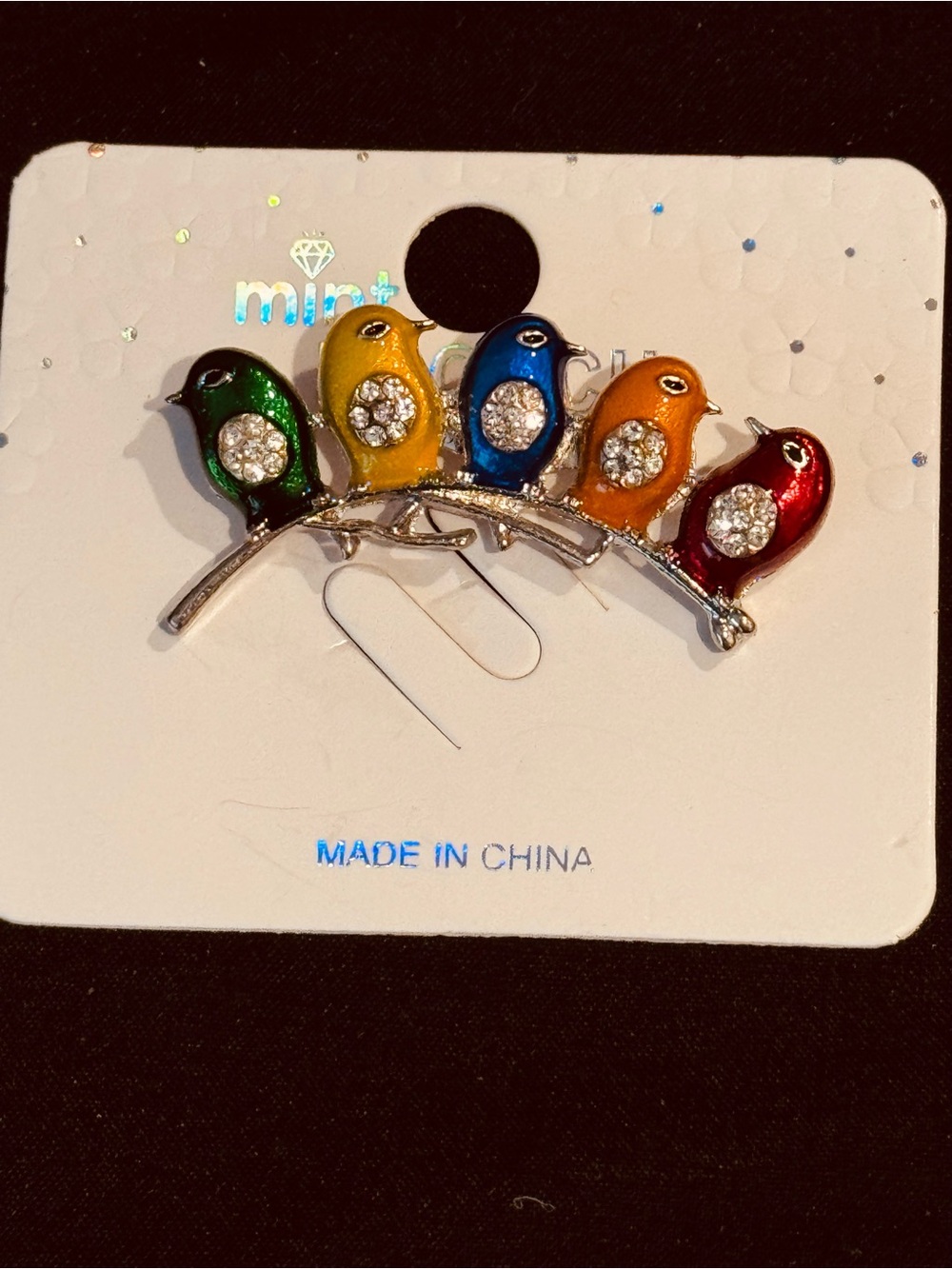 Colorful Enamel Brooch 5 Birds on a Branch Pin Rhinestone Crystal Accents NWT